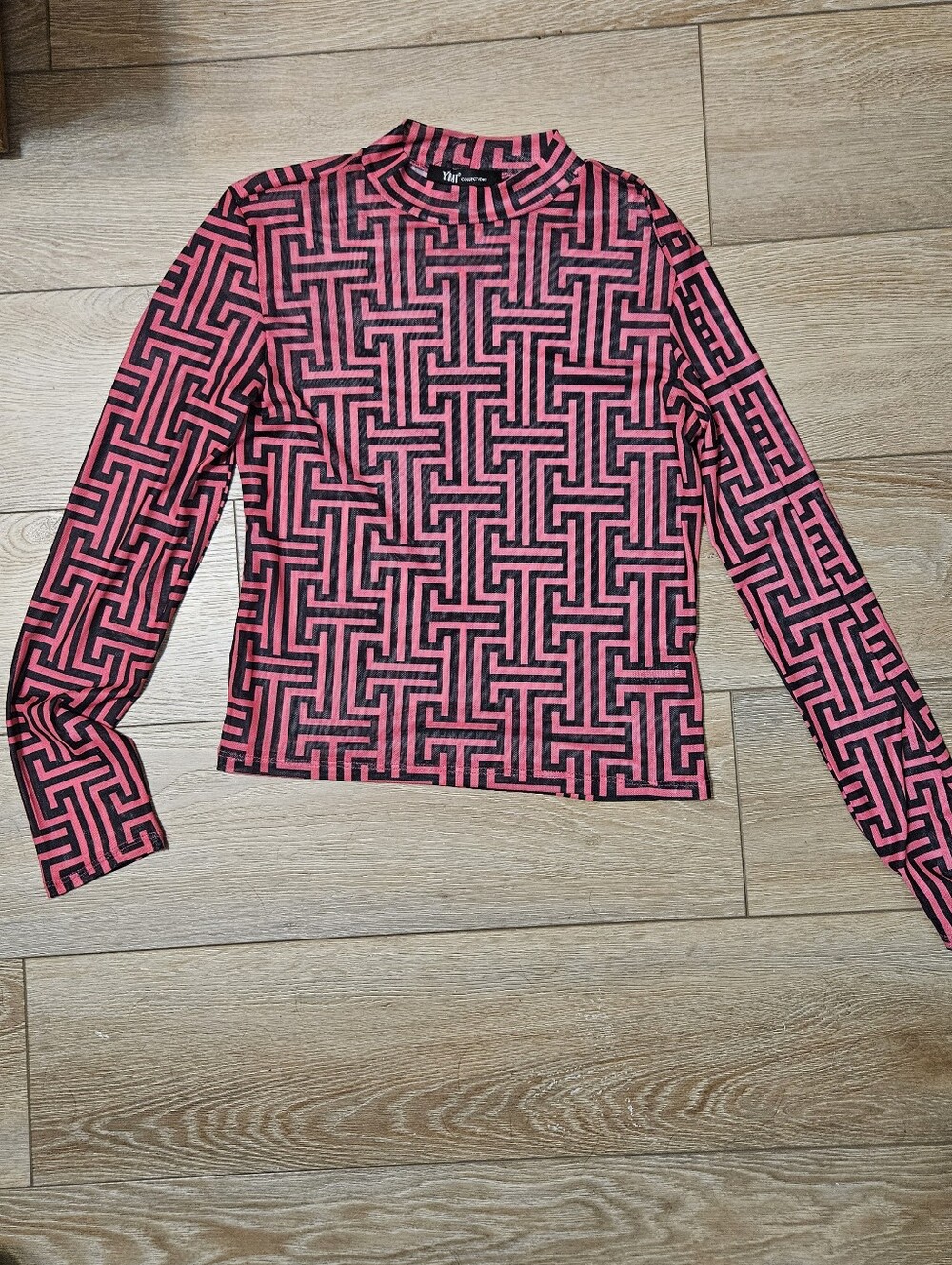 YMI Pink and Black Geometric Mock Neck Top